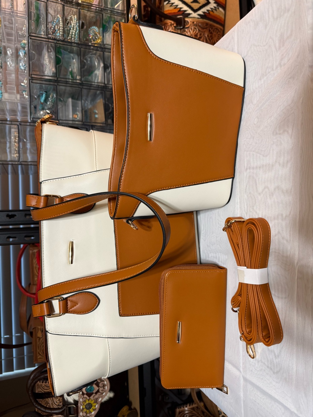 Two-Tone Tan and Cream Women's Tote and Crossbody Set with full size wallet.